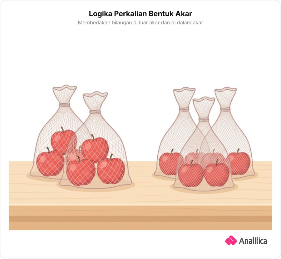 Ilustrasi kantong transparan berisi apel untuk memvisualisasikan perkalian bilangan luar dengan luar dan dalam dengan dalam.
