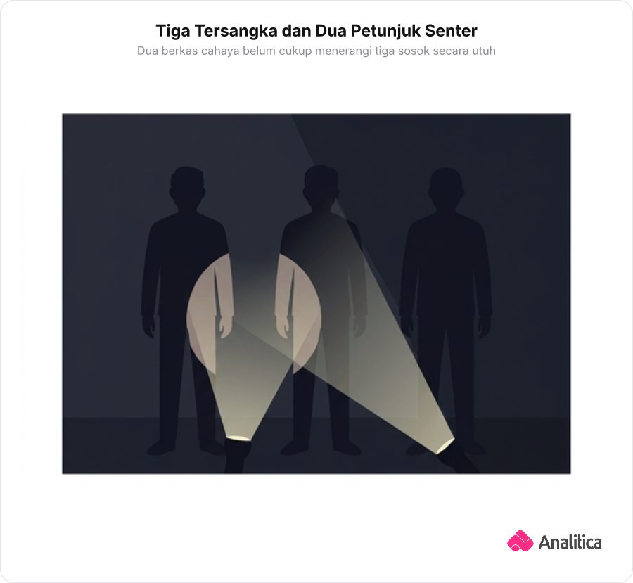 Ilustrasi tiga siluet tersangka dalam ruang interogasi yang hanya disinari oleh dua lampu sorot senter, menyisakan bayangan buram.