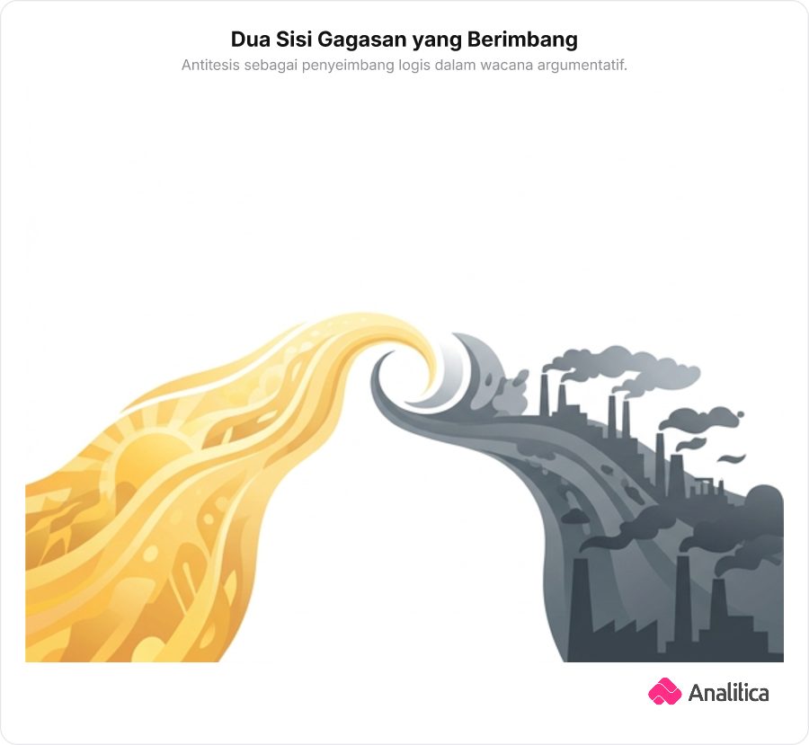 Ilustrasi dua jalur jalan yang berlawanan arah merefleksikan gagasan yang saling berlawanan namun membentuk keseimbangan wacana.