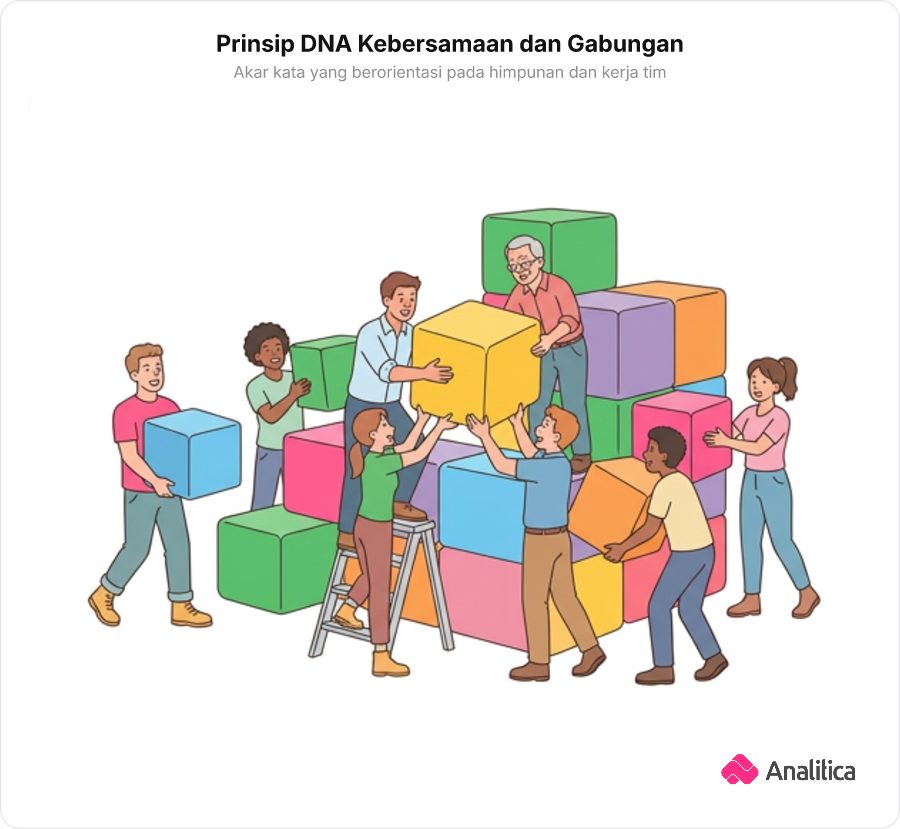 Ilustrasi sekelompok orang bekerja sama menyusun dan menggabungkan balok-balok kubus besar menjadi satu formasi utuh.