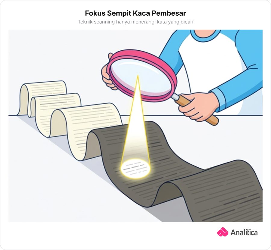 Ilustrasi seseorang memegang kaca pembesar besar di atas dokumen panjang dengan sorotan cahaya sempit pada satu titik kata.