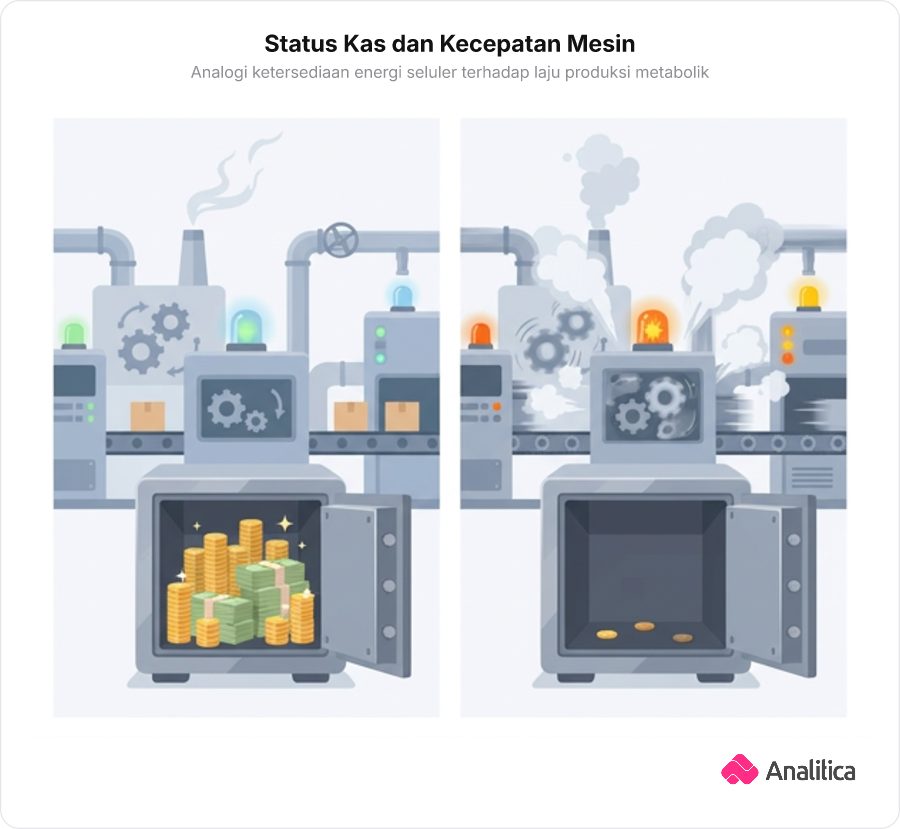 Ilustrasi analogi pabrik respirasi seluler: kondisi kas penuh dengan mesin diperlambat versus kondisi kas kosong dengan mesin menyala cepat