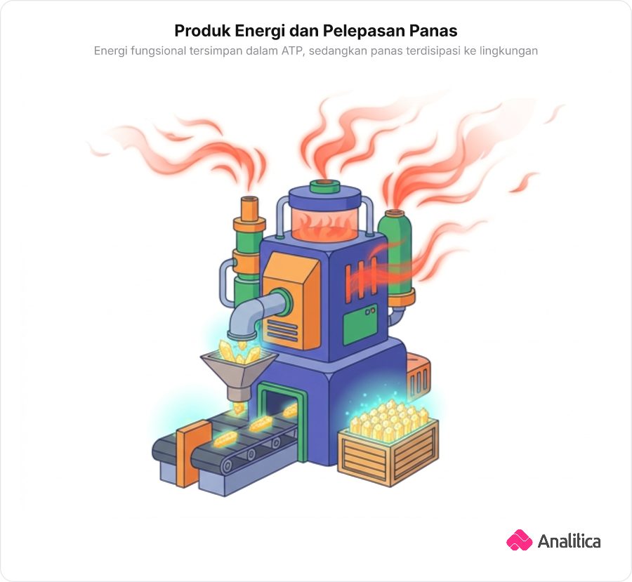 Ilustrasi mesin pabrik yang menghasilkan produk energi utama sekaligus melepaskan limbah radiasi panas yang menyebar ke udara bebas
