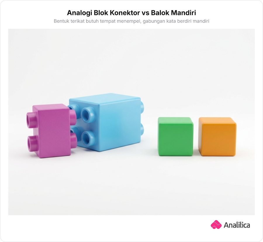 Ilustrasi analogi blok Lego konektor yang menempel pada balok kata dasar dibandingkan dengan dua balok utuh yang berdiri berdampingan.