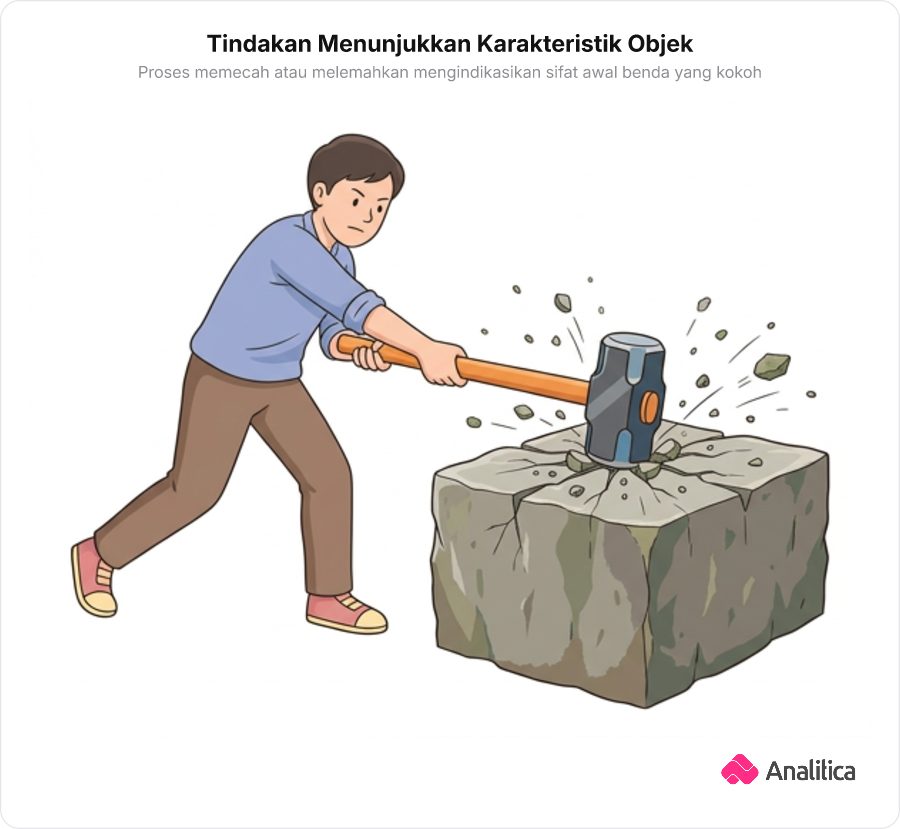 Ilustrasi palu memecahkan sebuah balok batu keras yang kokoh untuk menunjukkan proses pelemahan struktur.