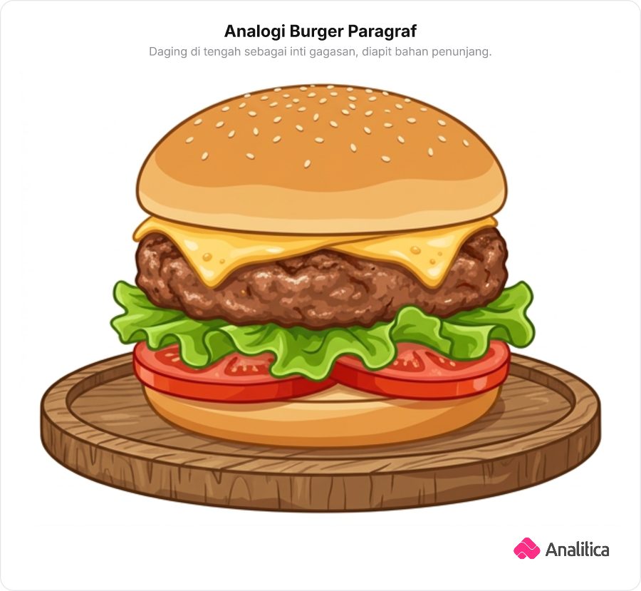 Ilustrasi burger lezat dengan lapisan daging tebal di tengah diapit roti dan sayuran segar