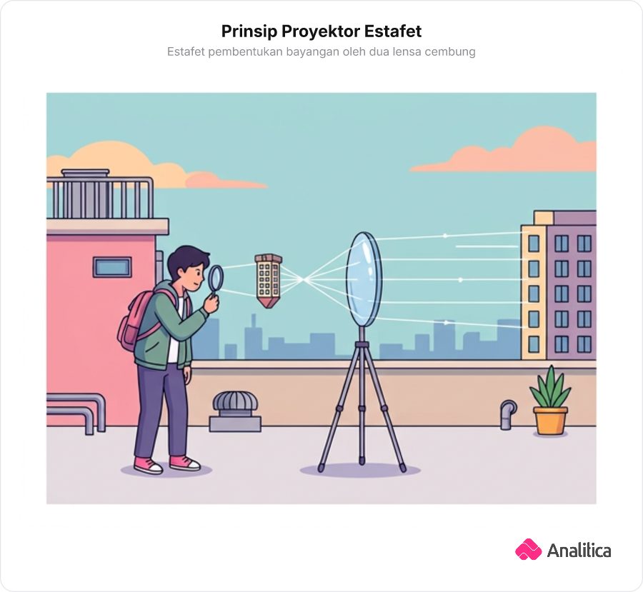 Ilustrasi konsep proyektor estafet pada teleskop sederhana dengan lensa objektif dan lensa okuler