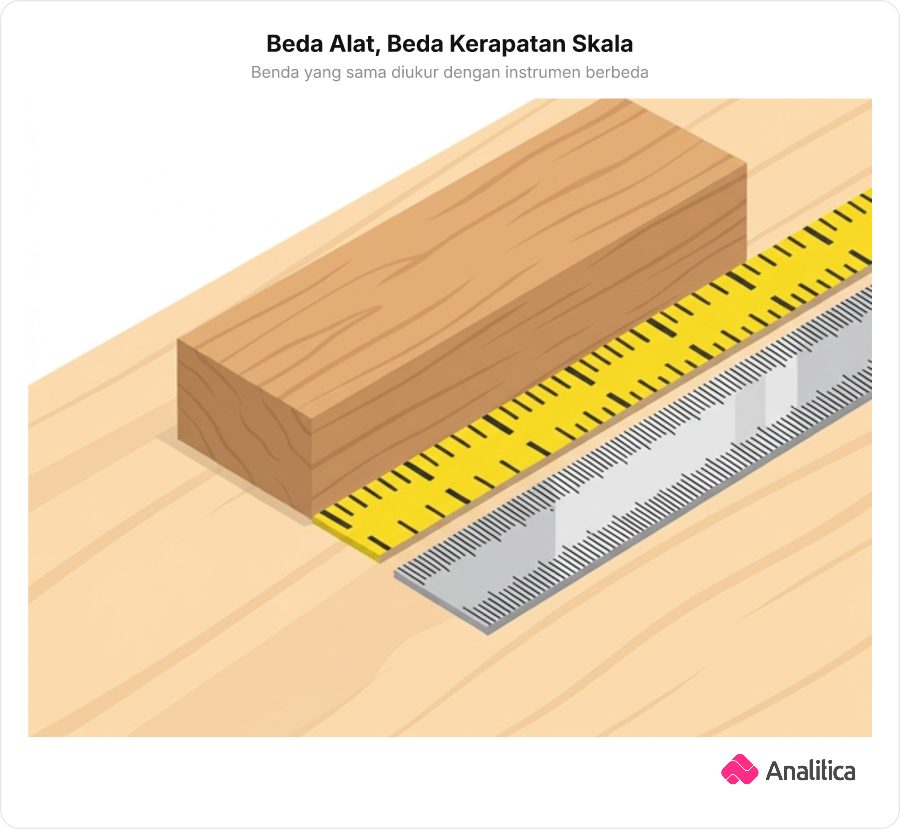 Perbandingan dua mistar ukur dengan kerapatan skala berbeda mengukur benda yang sama