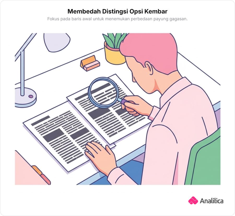 Ilustrasi seseorang membandingkan dua dokumen kembar menggunakan kaca pembesar di baris pertama.