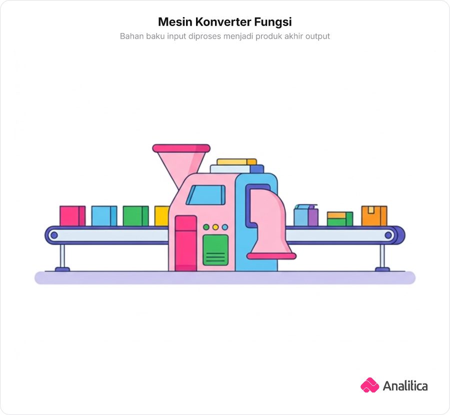 Ilustrasi mesin konverter pabrik dengan ban berjalan bahan baku input dan ban berjalan produk akhir output.