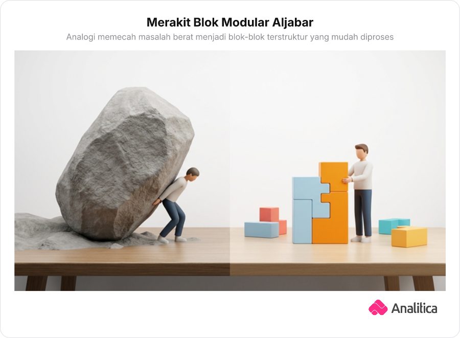 Ilustrasi analogi memecah masalah besar menjadi dua blok modular yang tersusun rapi