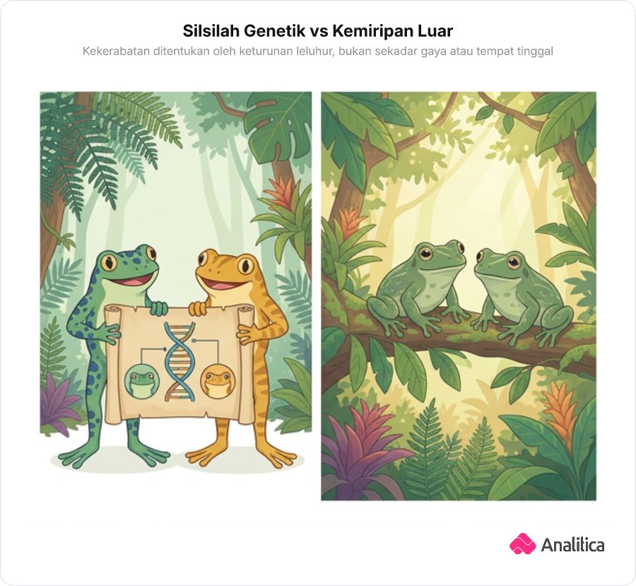 Ilustrasi metafora dua katak bersaudara kandung memegang sertifikat silsilah DNA dan katak lain yang sekadar nongkrong bersama