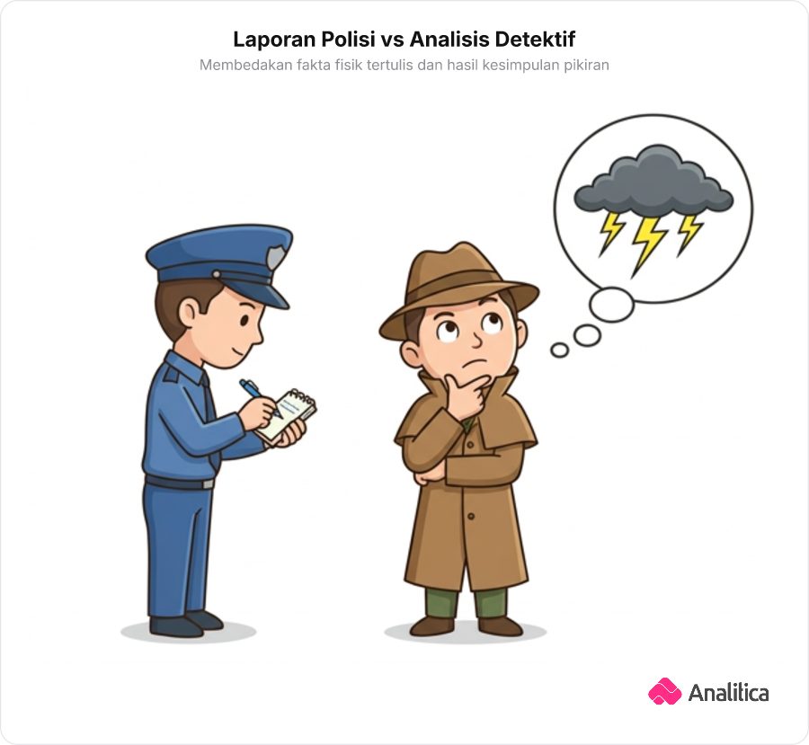 Ilustrasi analogi polisi mencatat fakta fisik dan detektif membayangkan kesimpulan di kepalanya