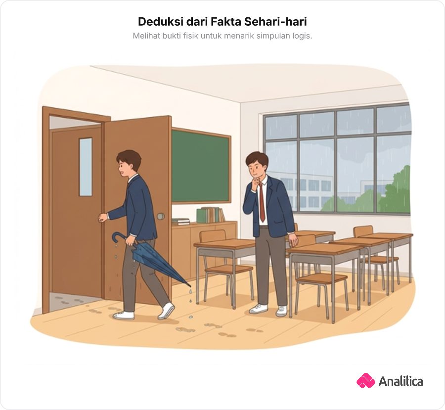 Ilustrasi seorang detektif sekolah mengamati payung basah temannya dan menyimpulkan kondisi hujan di luar.