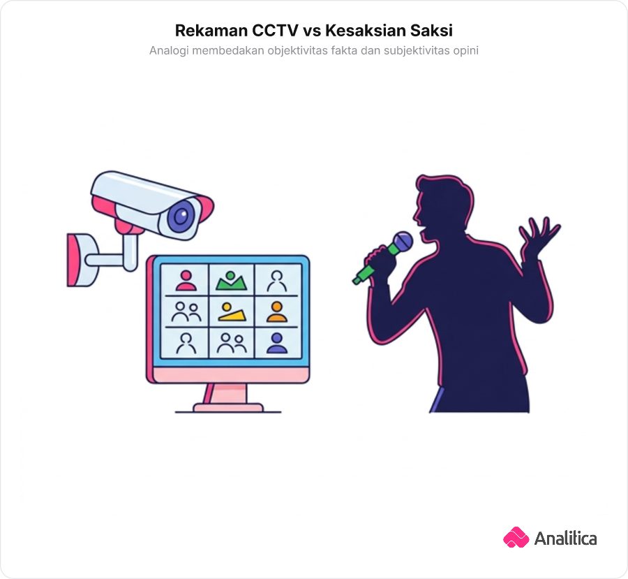 Ilustrasi perbandingan rekaman kamera CCTV yang objektif bersanding dengan siluet saksi mata yang dramatis.