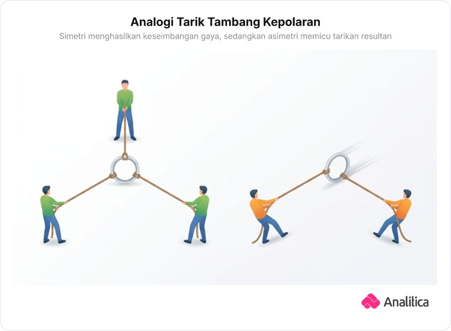 Ilustrasi perbandingan tarik tambang tiga arah simetris seimbang dan dua arah membentuk sudut bengkok tak seimbang