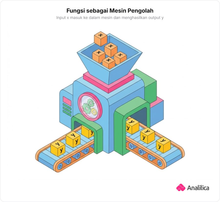 Ilustrasi mesin pabrik dengan corong input bertanda x dan konveyor output bertanda y.