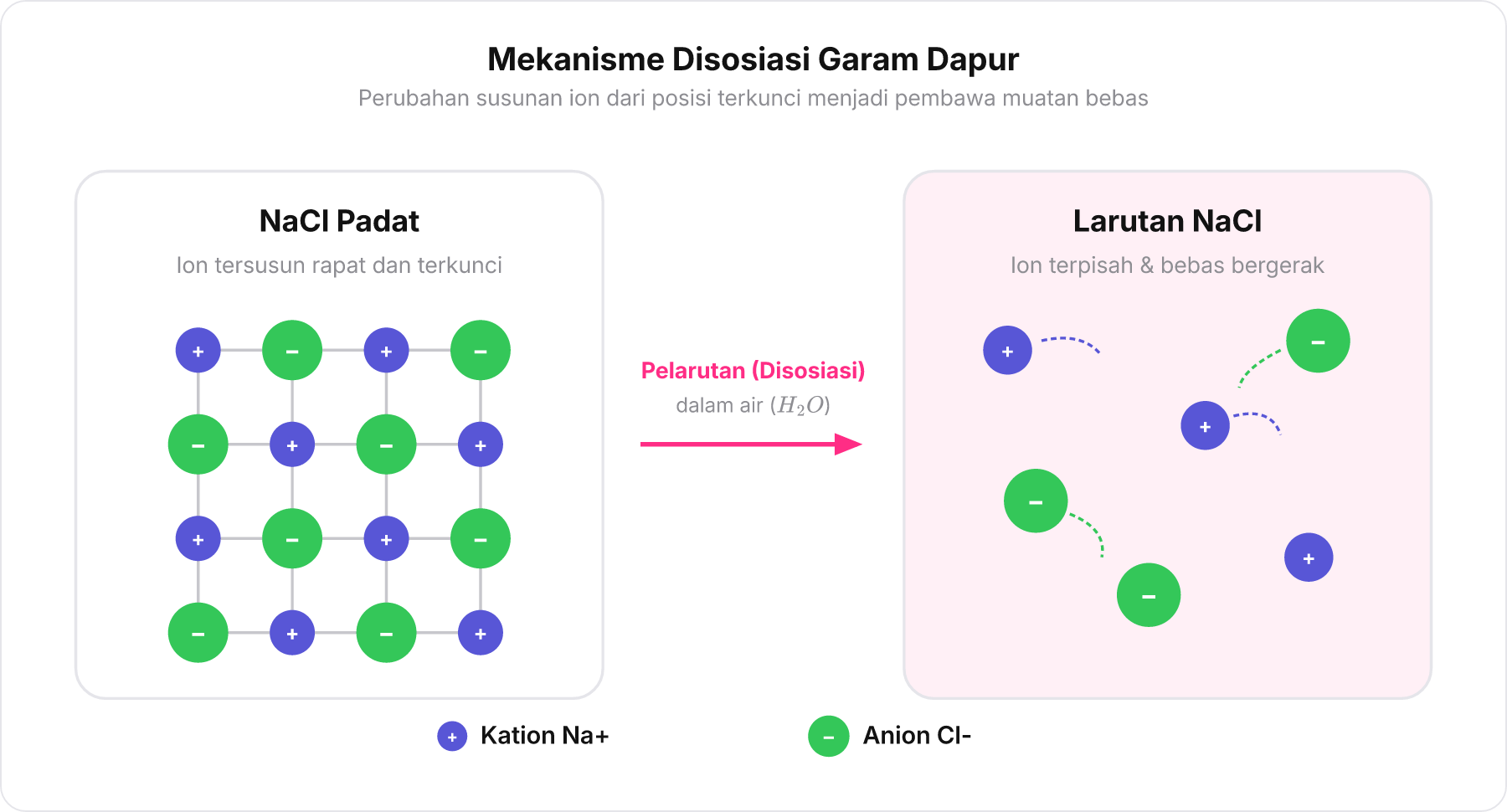 Diagram pelepasan ion Na+ dan Cl- dari kisi kristal padat menjadi ion bebas saat terdisosiasi dalam air.