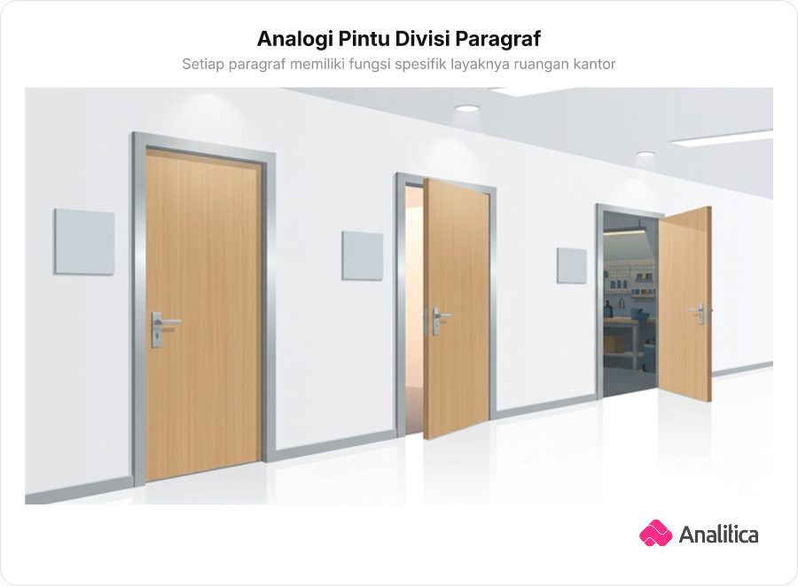 Ilustrasi tiga pintu kantor berjajar di lorong gedung perkantoran modern yang melambangkan pembagian fungsi paragraf.