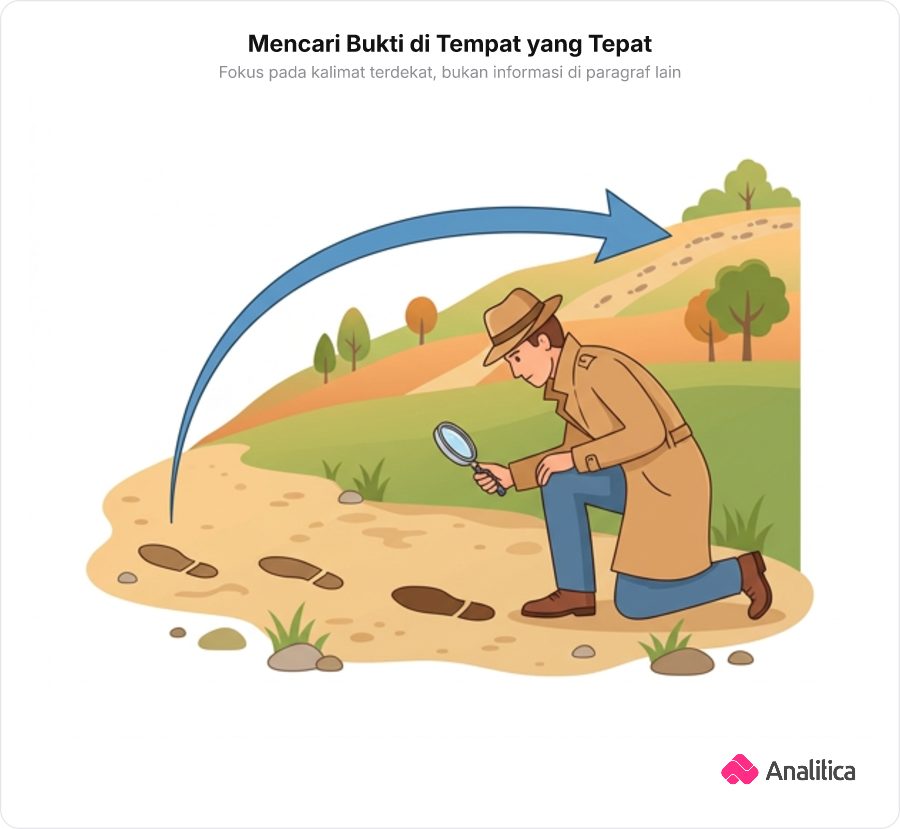 Ilustrasi seorang detektif mengamati jejak kaki di dekatnya sementara ada panah menunjuk jejak lain yang letaknya jauh di kejauhan.