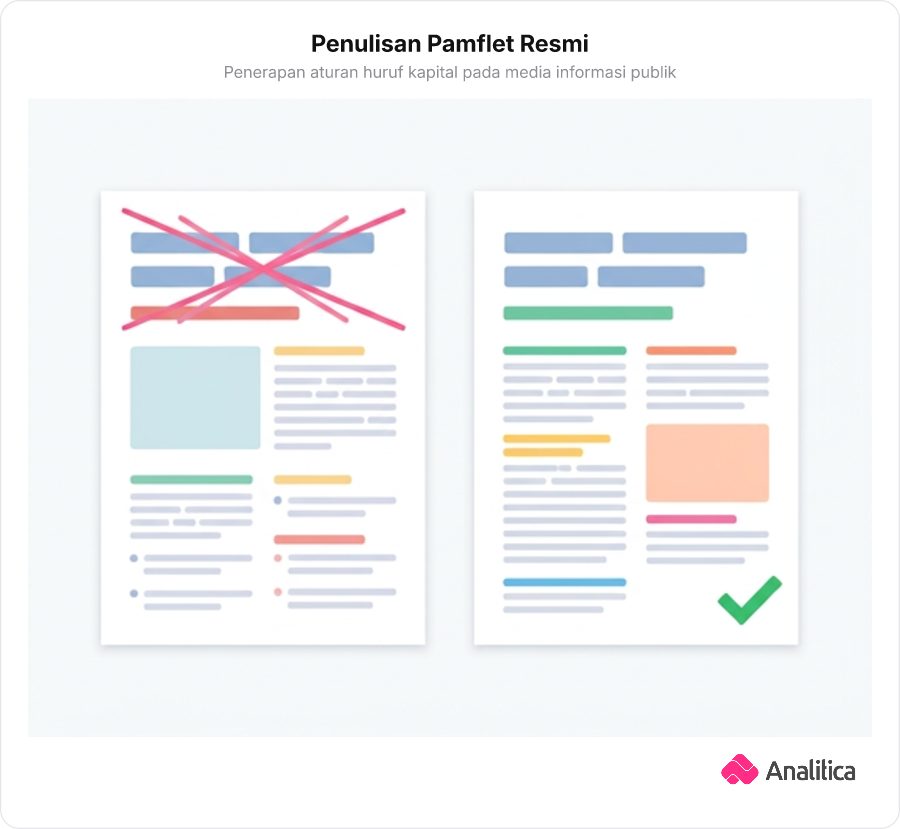 Perbandingan dua pamflet acara: satu dengan penulisan kata tugas salah yang dicoret merah muda, dan satu lagi rapi dengan centang hijau.