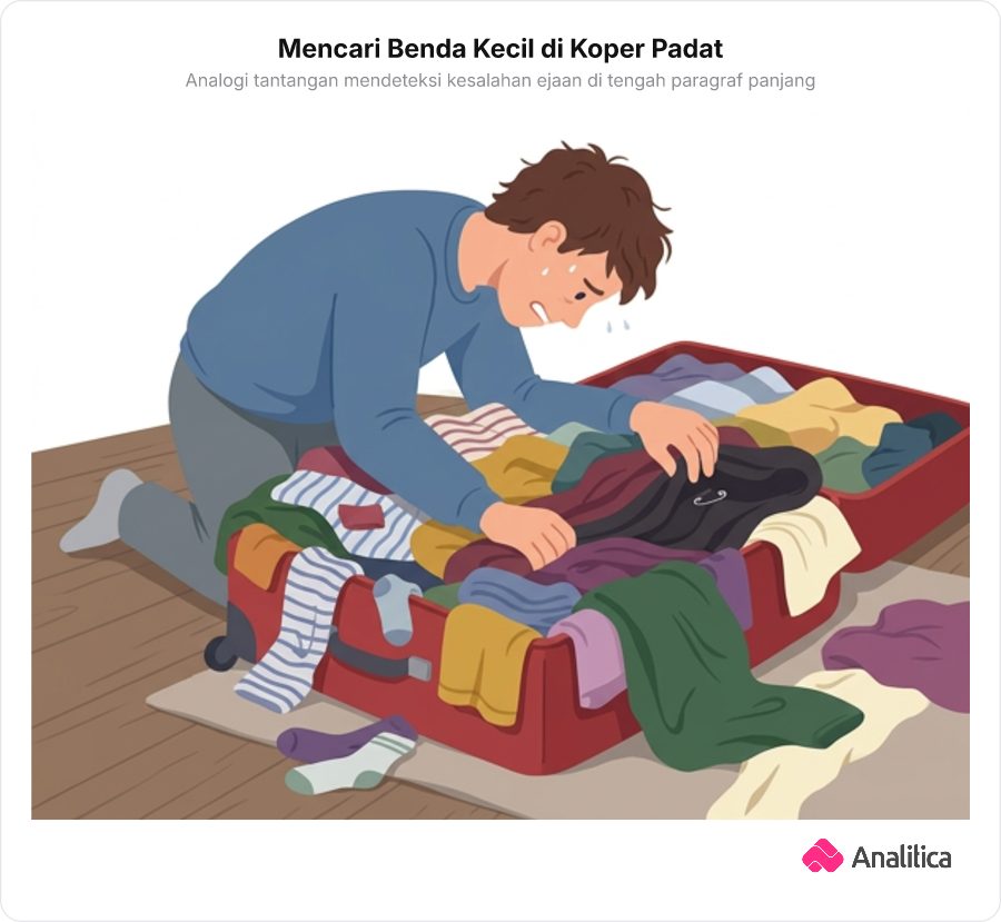 Ilustrasi seseorang kebingungan mencari peniti kecil di dalam tumpukan pakaian dalam koper besar.