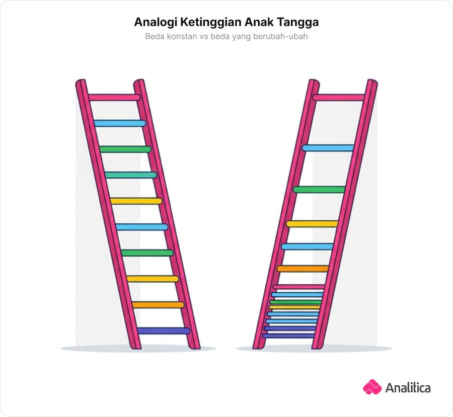 Ilustrasi dua tangga: tangga teratur dengan tinggi anak tangga seragam dan tangga tidak teratur dengan tinggi anak tangga semakin curam