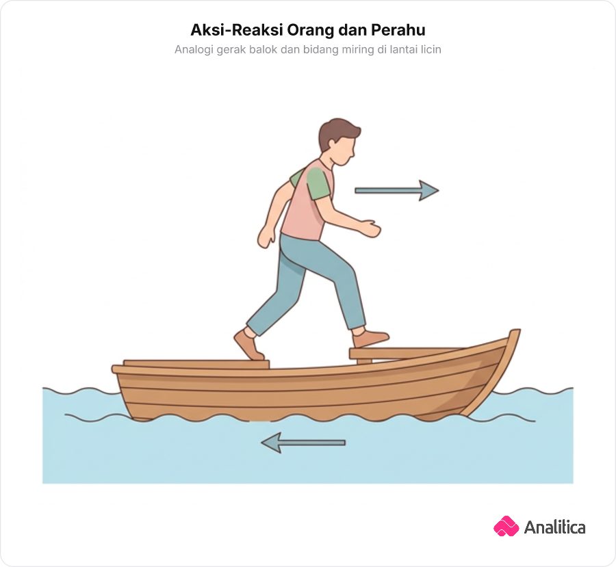 Ilustrasi seseorang melangkah maju di atas perahu kayu kecil di perairan yang tenang, menyebabkan perahu terdorong ke arah berlawanan.