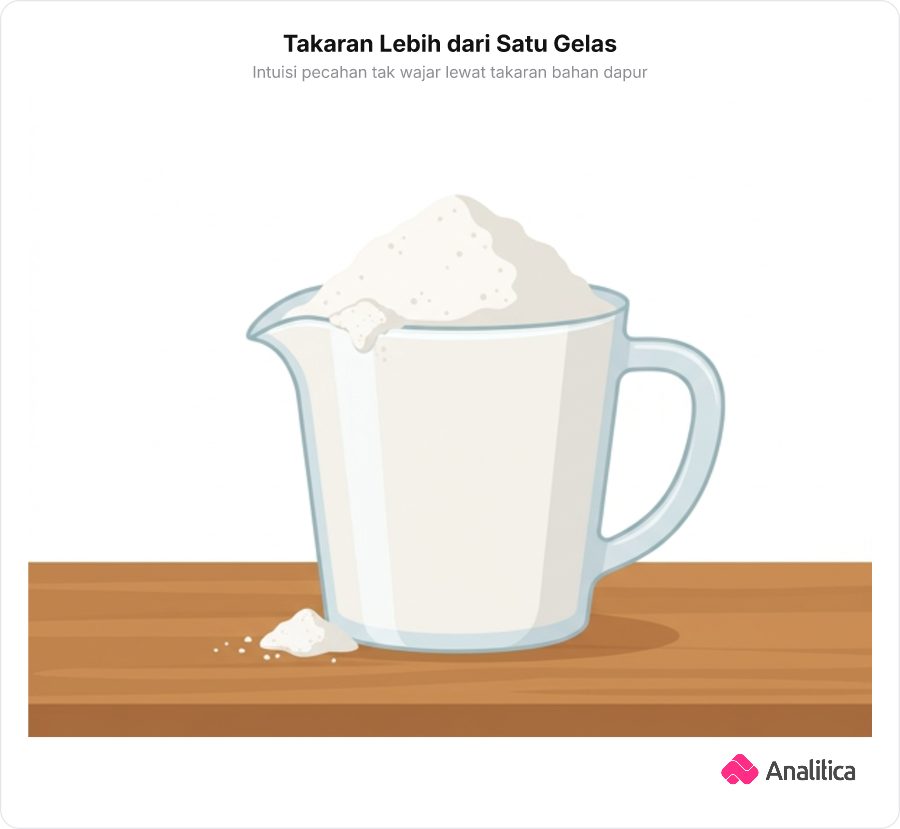 Ilustrasi sebuah gelas takar dapur yang terisi tepung hingga penuh dan sedikit tumpah ke atasnya