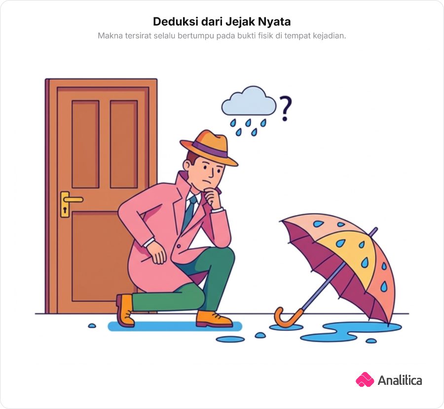 Ilustrasi detektif yang sedang mengamati payung basah di lantai sambil menyimpulkan kondisi cuaca di luar.