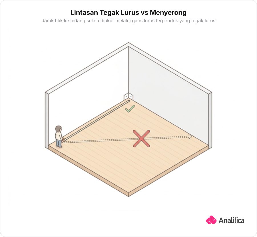 Ilustrasi perbandingan jarak lurus tegak lurus ke tembok dibandingkan jarak menyerong menuju pusat tembok.