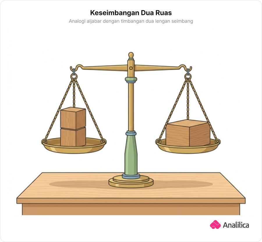 Ilustrasi timbangan dua lengan seimbang dengan dua balok a di kiri dan satu balok b di kanan.
