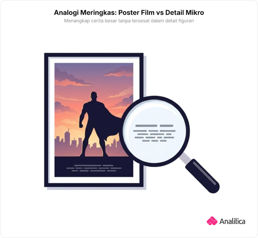 Ilustrasi perbandingan antara poster film besar yang menonjolkan alur utama cerita dan kaca pembesar yang menyorot teks detail kecil di bagian bawah.