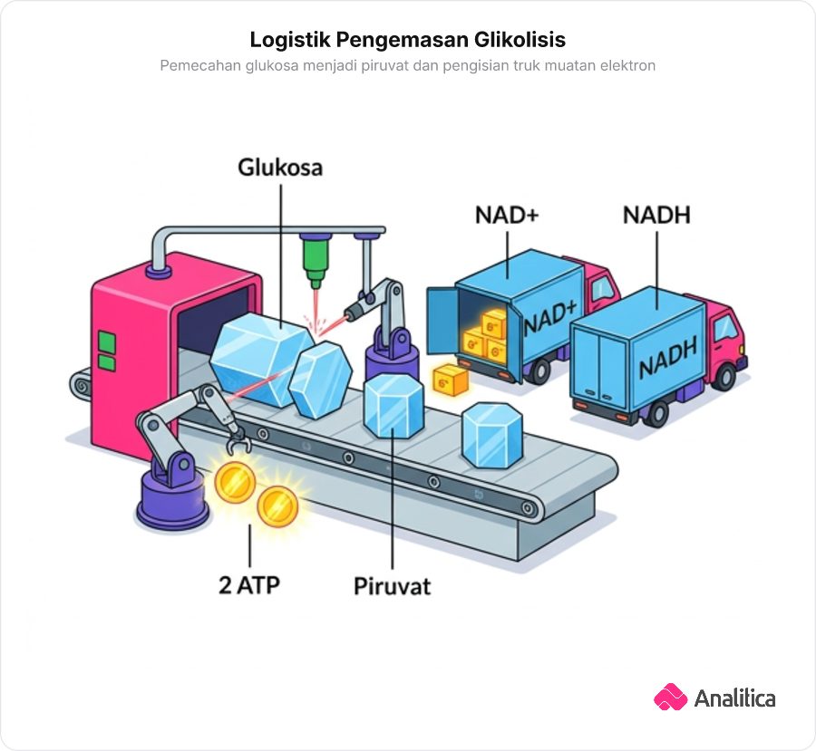 Ilustrasi analogi pemecahan glukosa dan pemuatan elektron ke truk pengangkut NAD+ menjadi NADH pada proses glikolisis