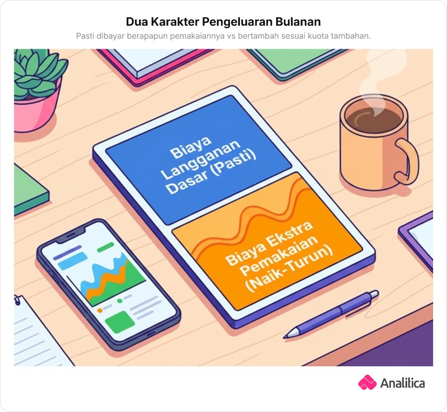 Ilustrasi tagihan internet bulanan yang terbagi menjadi biaya dasar tetap dan biaya pemakaian fleksibel.