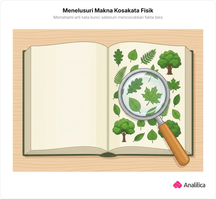 Ilustrasi kaca pembesar menyorot kamus terbuka dengan gambar tanaman mewakili istilah vegetation.