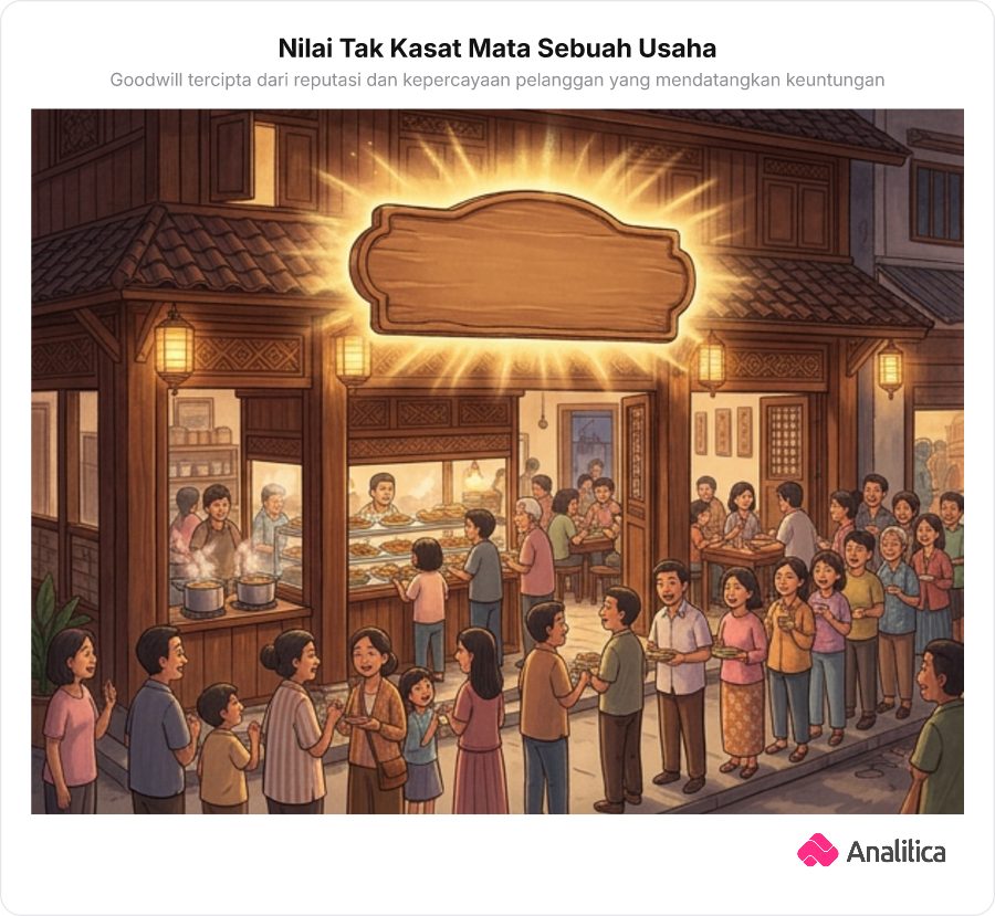 Ilustrasi warung ramai dengan antrean pembeli dan papan nama yang bercahaya keemasan melambangkan reputasi atau goodwill