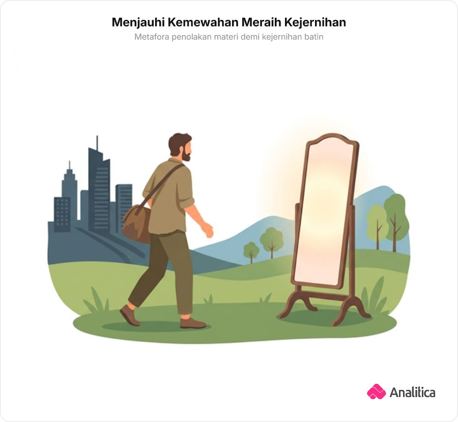 Ilustrasi surealis seorang pria berjalan menjauhi gedung kota mewah menuju cermin berisikan cahaya batin yang jernih.