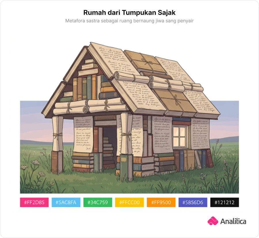 Rumah pondok unik yang dibangun dari tumpukan naskah dan gulungan sajak kuno di alam bebas.