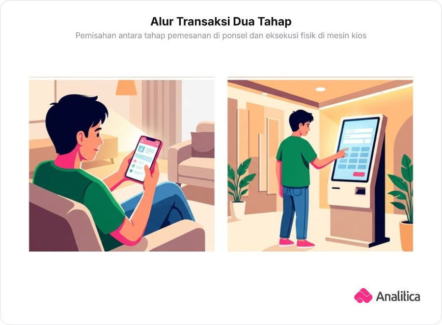 Dua panel perbandingan yang memperlihatkan alur pemesanan di aplikasi ponsel dan pengambilan fisik di mesin kios swalayan.