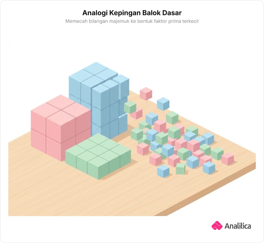 Ilustrasi analogi pemecahan balok bangunan besar menjadi balok-balok kecil seragam seperti kepingan Lego.