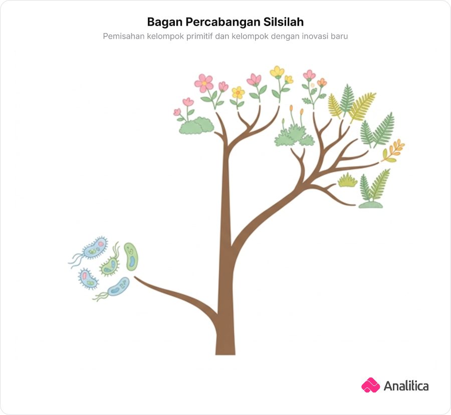 Ilustrasi bagan evolusi bercabang yang memisahkan organisme sederhana bersel satu dengan organisme multiseluler kompleks.
