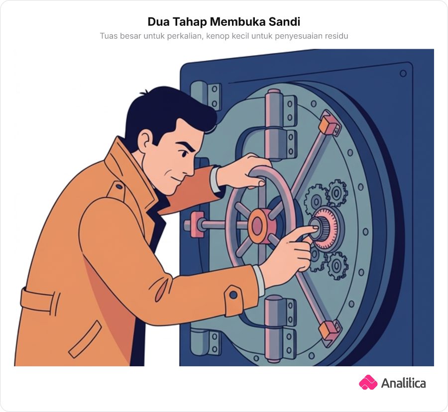 Ilustrasi analogi pembuka sandi brankas: detektif memutar tuas besar untuk lompatan perkalian dan kenop kecil untuk penyesuaian penambahan.