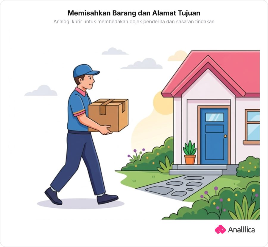 Ilustrasi kurir mengantar sebuah paket kardus menuju sebuah rumah penerima.