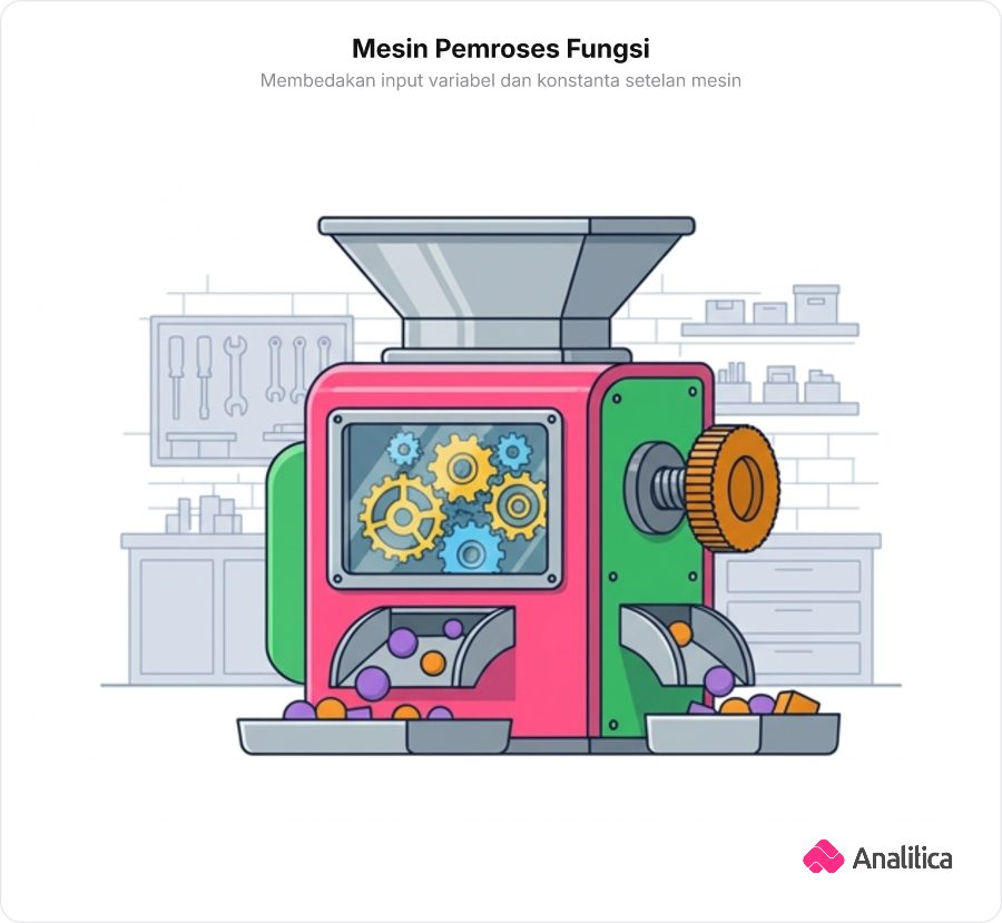Ilustrasi mesin pemroses mekanik dengan corong masukan di bagian atas dan sekrup setelan roda gigi tetap di bagian samping