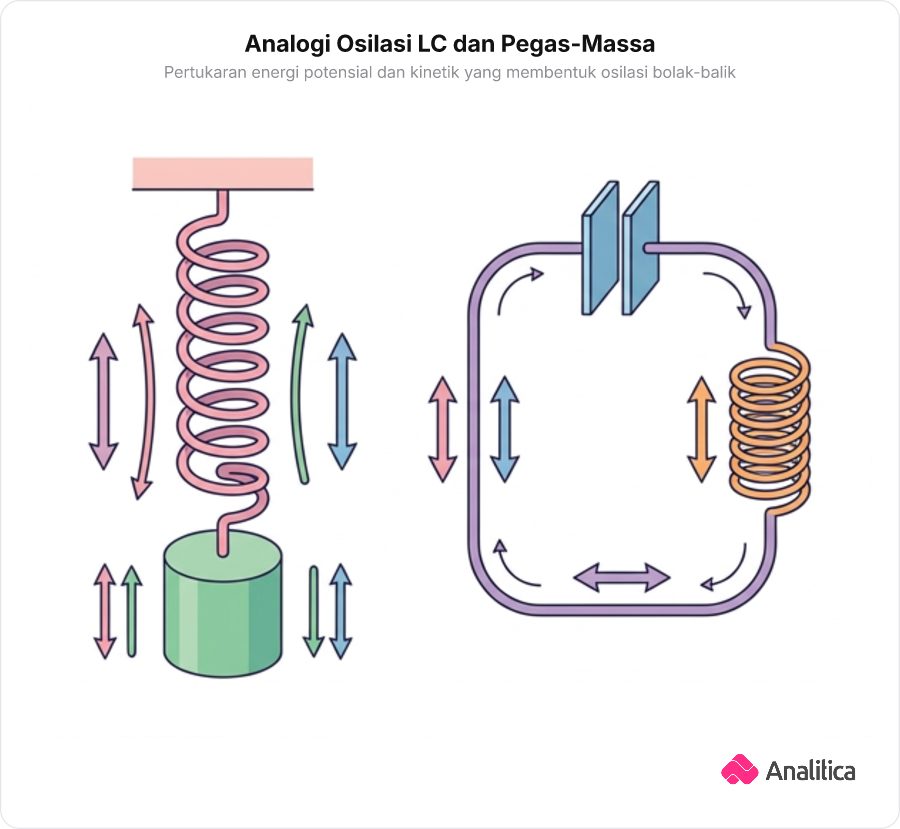 Ilustrasi analogi pertukaran energi pada sistem pegas-massa mekanik yang berdampingan dengan rangkaian LC listrik.