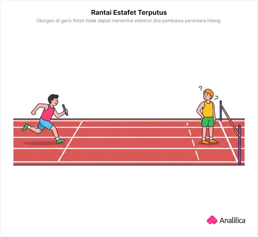 Ilustrasi lari estafet dengan pelari pertama memegang tongkat, lintasan tengah kosong tanpa pelari, dan pelari terakhir menunggu di garis finish.