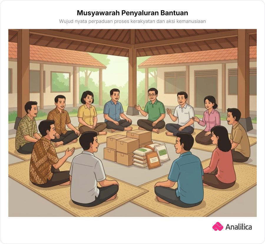 Ilustrasi warga desa sedang duduk melingkar bermusyawarah di sekitar paket bantuan kemanusiaan.