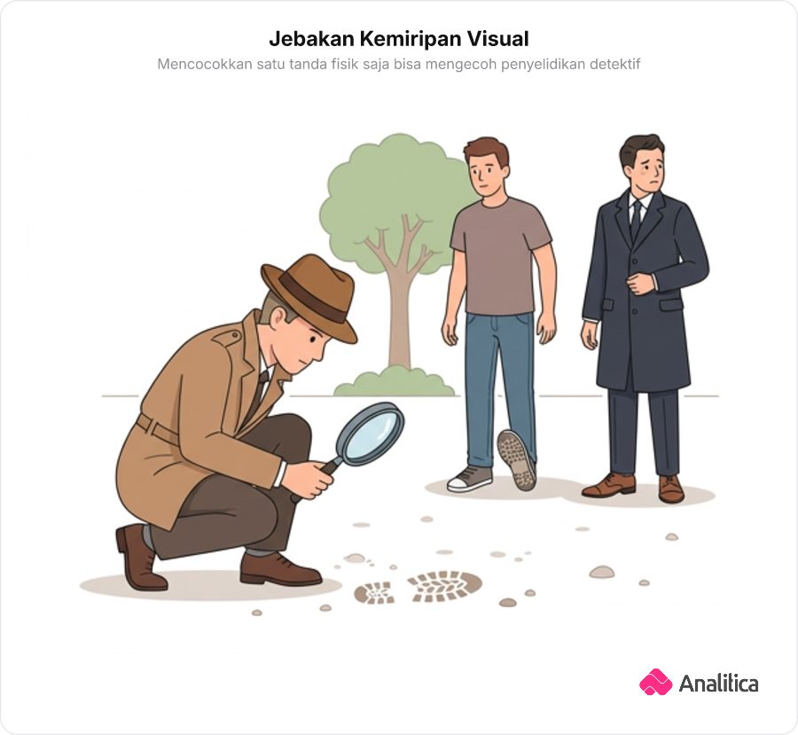 Ilustrasi detektif memeriksa jejak sepatu dengan kaca pembesar sementara dua tersangka berdiri di belakangnya.