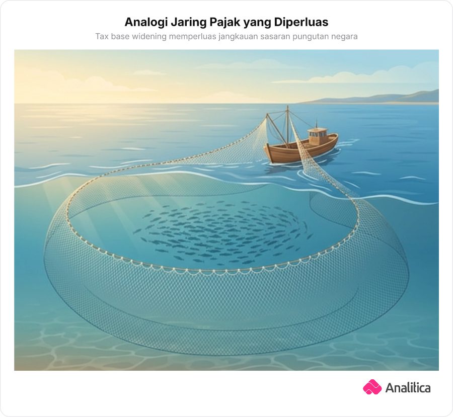 Ilustrasi konseptual jaring nelayan besar yang dibentangkan di atas laut luas untuk menjaring banyak ikan, melambangkan konsep perluasan basis pemungutan pajak tax base widening .